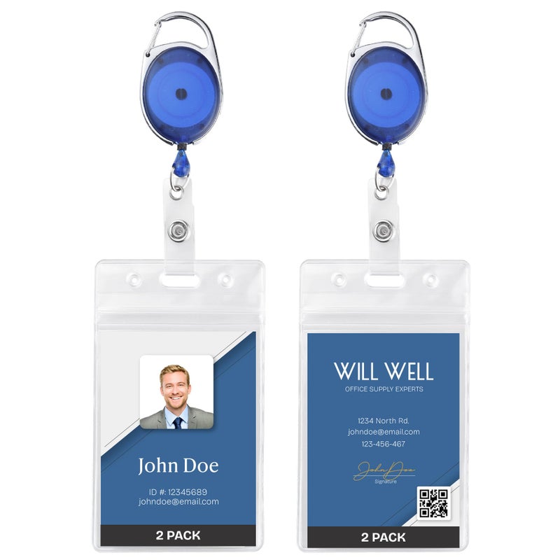 Will Well ID Badge Holders with Clip and Keyring - Vertical Clear Plastic 3.7" x 2.5" Sleeves Fit Up to 3 Cards - Retractable 24" UHMWPE Fiber Pull Cords - 2-Pack, Transparent Blue Reels - Image 1