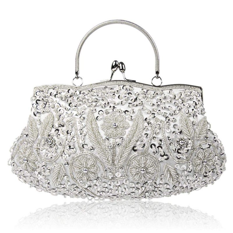 Gets Women Vintage Beaded Evening Clutch Vintage Design Sequin Floral Top-handle Handbag Party Wedding Purse Wallet (Silver) - Image 1