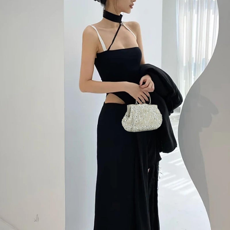 Gets Women Vintage Beaded Evening Clutch Vintage Design Sequin Floral Top-handle Handbag Party Wedding Purse Wallet (Silver) - Image 2