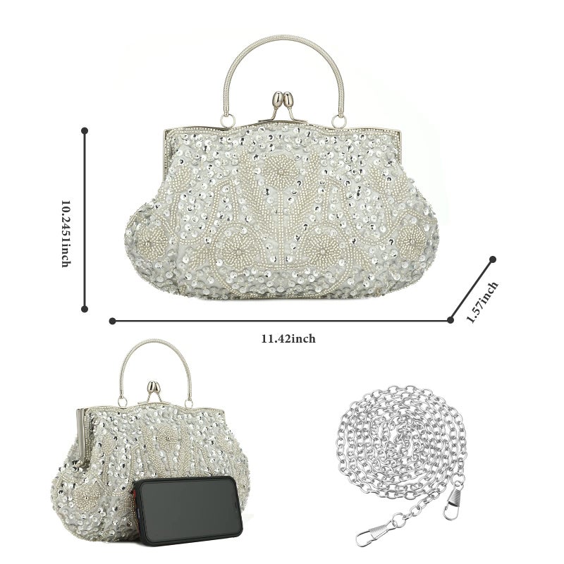 Gets Women Vintage Beaded Evening Clutch Vintage Design Sequin Floral Top-handle Handbag Party Wedding Purse Wallet (Silver) - Image 5