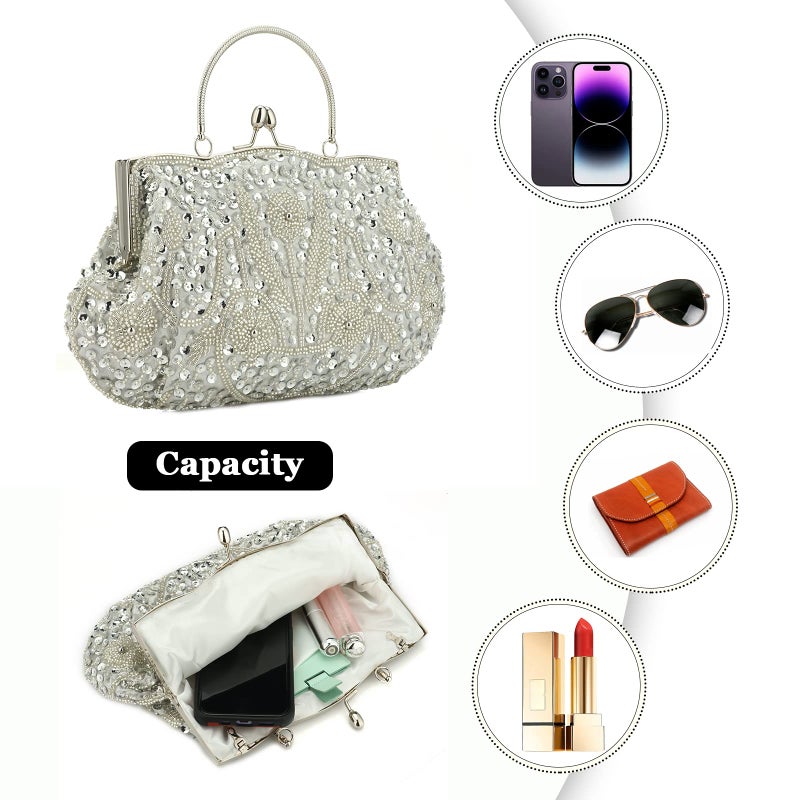 Gets Women Vintage Beaded Evening Clutch Vintage Design Sequin Floral Top-handle Handbag Party Wedding Purse Wallet (Silver) - Image 4