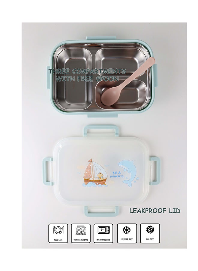 توشيونيكس صندوق غداء من الفولاذ المقاوم للصدأ بثلاثة أقسام وملعقة - حاوية طعام مانعة للتسرب - صينية قابلة للإزالة - آمنة للاستخدام في الميكروويف - خالية من مادة BPA - آمنة للاستخدام في غسالة الأطباق - آمنة للاستخدام في الفريزر - مثالية للمكتب والمدرسة والسفر وصالة الألعاب الرياضية - سعة 1.4 لتر - Image 2