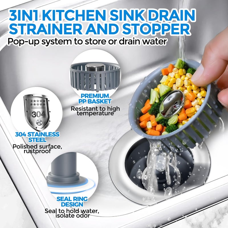 zaa 2 Pack Sink Drain Strainer, Sink Stopper, 3 in 1 Stainless Steel Kitchen Sink Drain Strainer with Anti-Clogging Basket, Fit US Standard 3-1/2 Inch Drain Hole - Image 2
