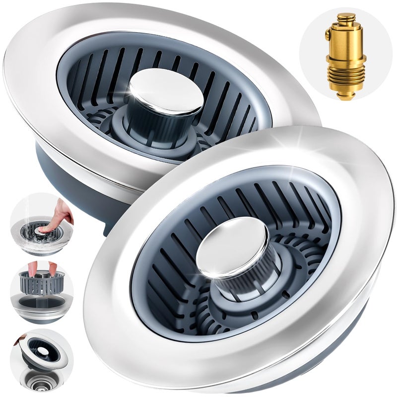 zaa 2 Pack Sink Drain Strainer, Sink Stopper, 3 in 1 Stainless Steel Kitchen Sink Drain Strainer with Anti-Clogging Basket, Fit US Standard 3-1/2 Inch Drain Hole - Image 1