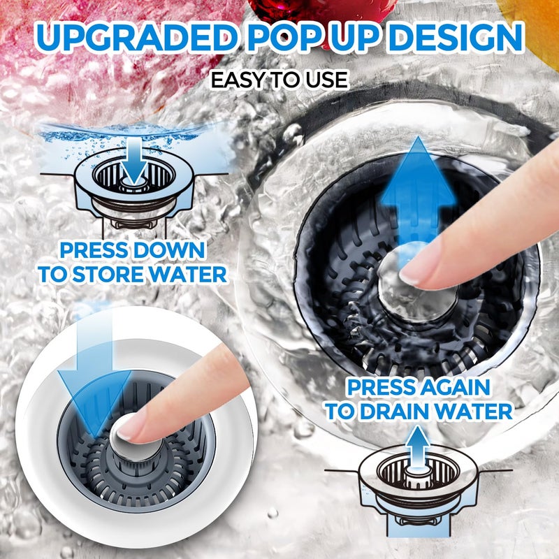 zaa 2 Pack Sink Drain Strainer, Sink Stopper, 3 in 1 Stainless Steel Kitchen Sink Drain Strainer with Anti-Clogging Basket, Fit US Standard 3-1/2 Inch Drain Hole - Image 3