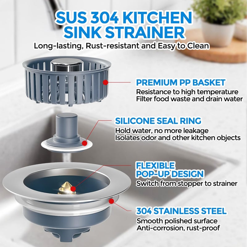 zaa 2 Pack Sink Drain Strainer, Sink Stopper, 3 in 1 Stainless Steel Kitchen Sink Drain Strainer with Anti-Clogging Basket, Fit US Standard 3-1/2 Inch Drain Hole - Image 5