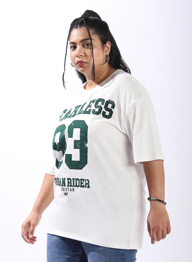 HIGH STAR Women's Off White 100% Cotton Printed Plus Size Oversized T-Shirt  - Image 3