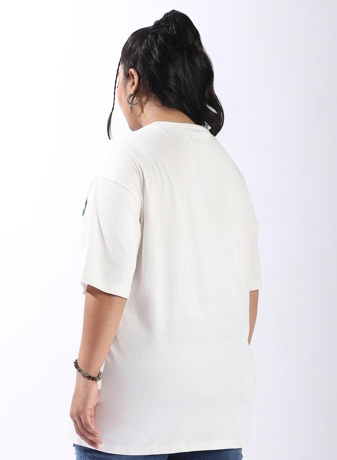 HIGH STAR Women's Off White 100% Cotton Printed Plus Size Oversized T-Shirt  - Image 5