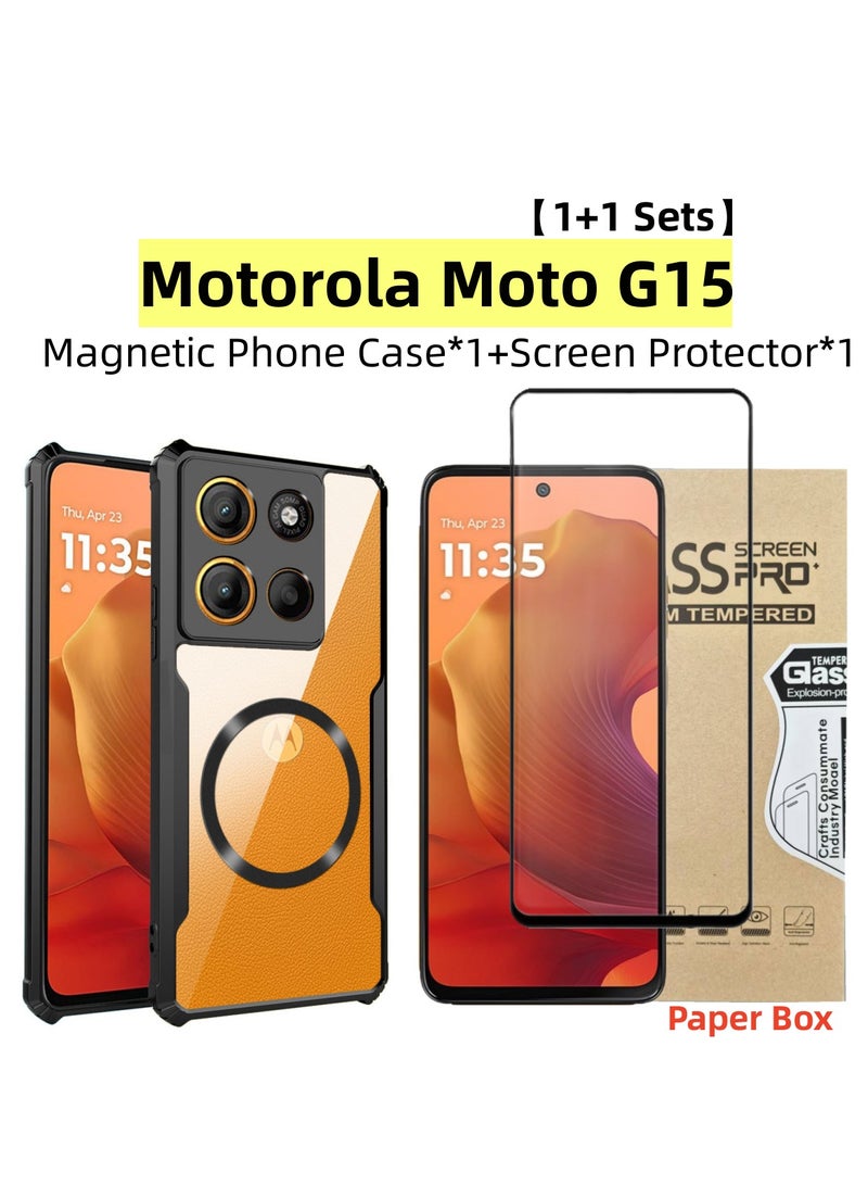 [1+1 Sets] For Motorola Moto G15 Case & Screen Protector Magnetic Suction Car Phone Case with Anti Drop Function High Transmittance Glass Scratch Resistant Tempered Glass - Image 1