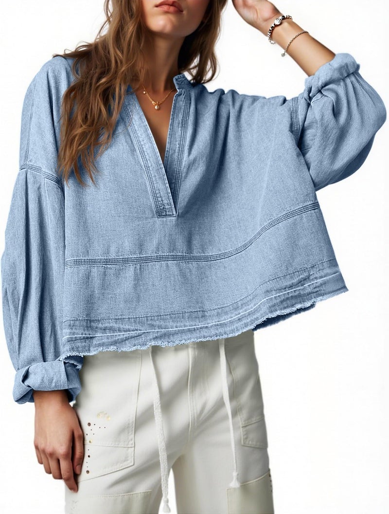 PLNOTME Womens Denim Tops Pullover Trendy Casual V Neck Loose Fit Puff Sleeve Jean Cotton Shirts - Image 1