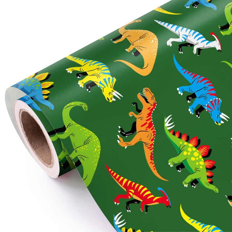 WRAPAHOLIC Dinosaur Wrapping Paper Roll  Mini Roll  17 Inch x 98 Feet  Green Dinosaur Design Perfect for Girl Kids Boy Birthday Baby Shower Dinosaur Party Dinosaur Lovers
