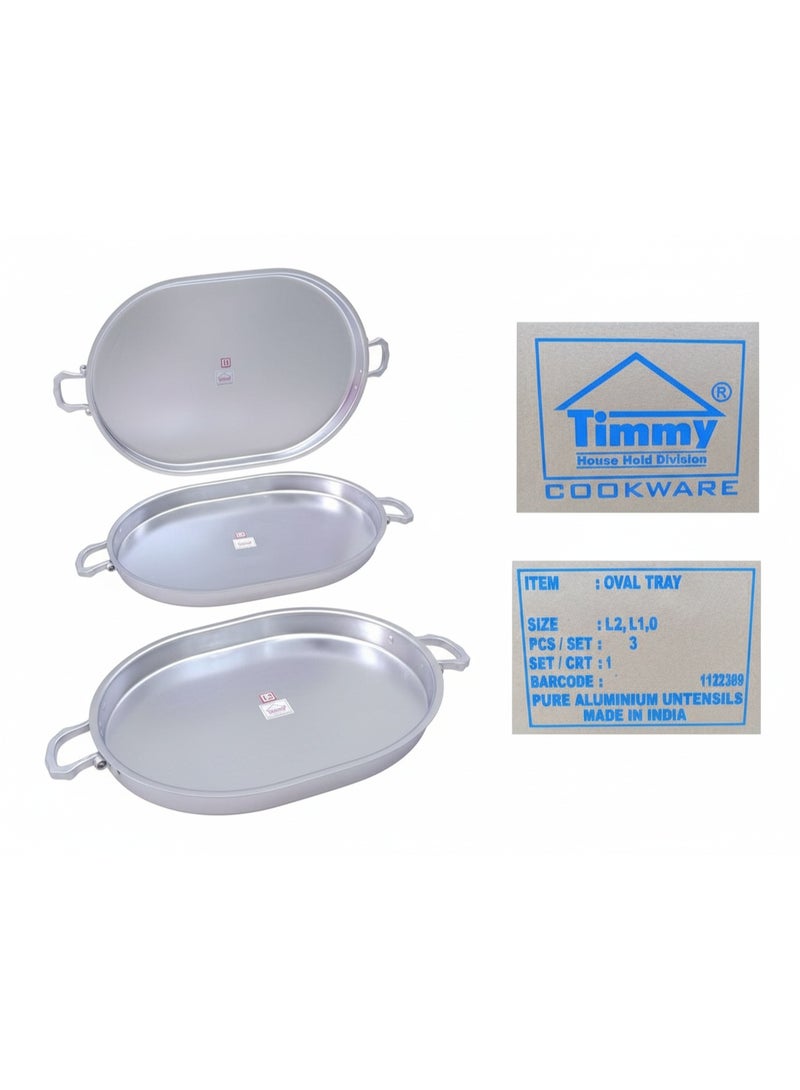 Timmy Aluminium Oval Serving Tray Set 3 Pieces with Side Handles – Durable Multipurpose Kitchen and Catering Platters for Elegant Food Presentation, Serving Trays for Home and Professional Use
