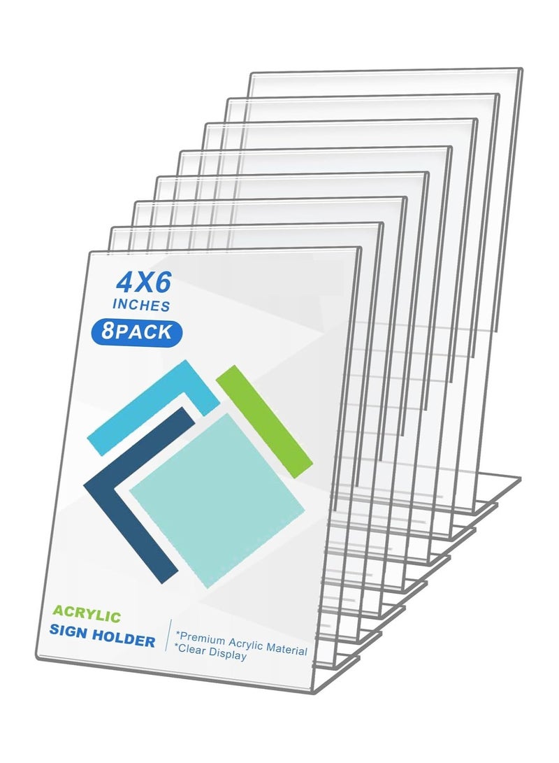 Slasa SLASA 8Pack Slanted Back Acrylic Sign Holder 4 x 6Inches，Clear Plastic Sign Holder Paper Photo Display，Menu Table Top Desktop Stand，Clear Picture Frame，Flyer Holder(Vertical)  - Image 1