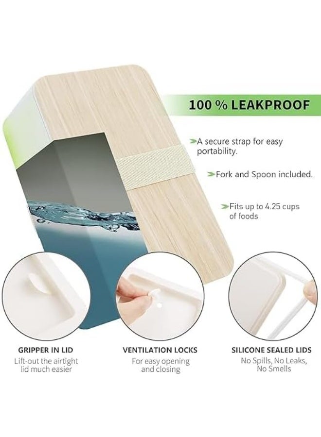 MONET 1000ml Japanese Style Divided Lunch Box with Knife Fork Spoon Leakproof with Divider BPA Free Microwave Safe for Office, School, Picnics, Travel, Dishwasher Safe, Green - Image 4