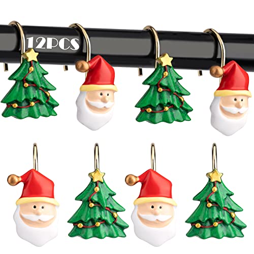 HELORAY Christmas Shower Curtain Hooks Rust Proof Shower Curtain Rings Metal Decorative Bath Curtain Hooks Shower Curtain Rod Rings for Bathroom Rust Resistant Set of 12: 6 Santa Claus & 6 Christmas Tree - Image 1