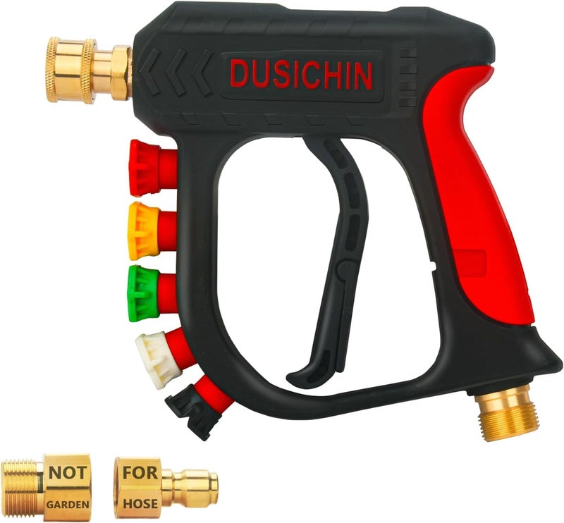 DUSICHIN Pressure Washer Short Wand High Power Spray Gun 5 Nozzle Tips Car Wash Foam Gun Foam Cannon Attachment 1/4" Quick Connector Outlet,3/8'' M22-14mm M22-15mm Fitting,Not Use with Garden Hose - Image 1