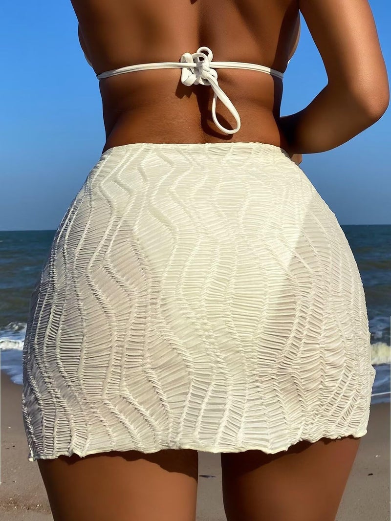 Falainetee Women's Drawstring Front Split Thigh Summer Bikini Cover Up Skirt White S - Image 2
