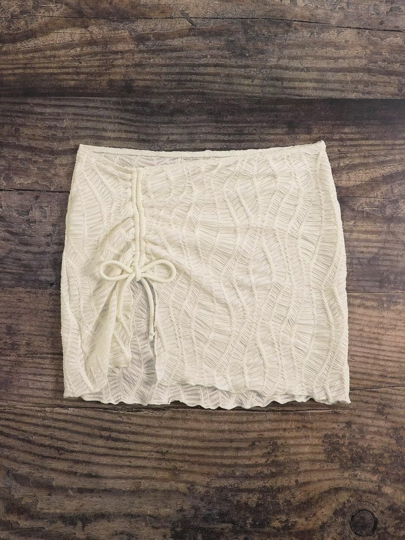 Falainetee Women's Drawstring Front Split Thigh Summer Bikini Cover Up Skirt White S - Image 5