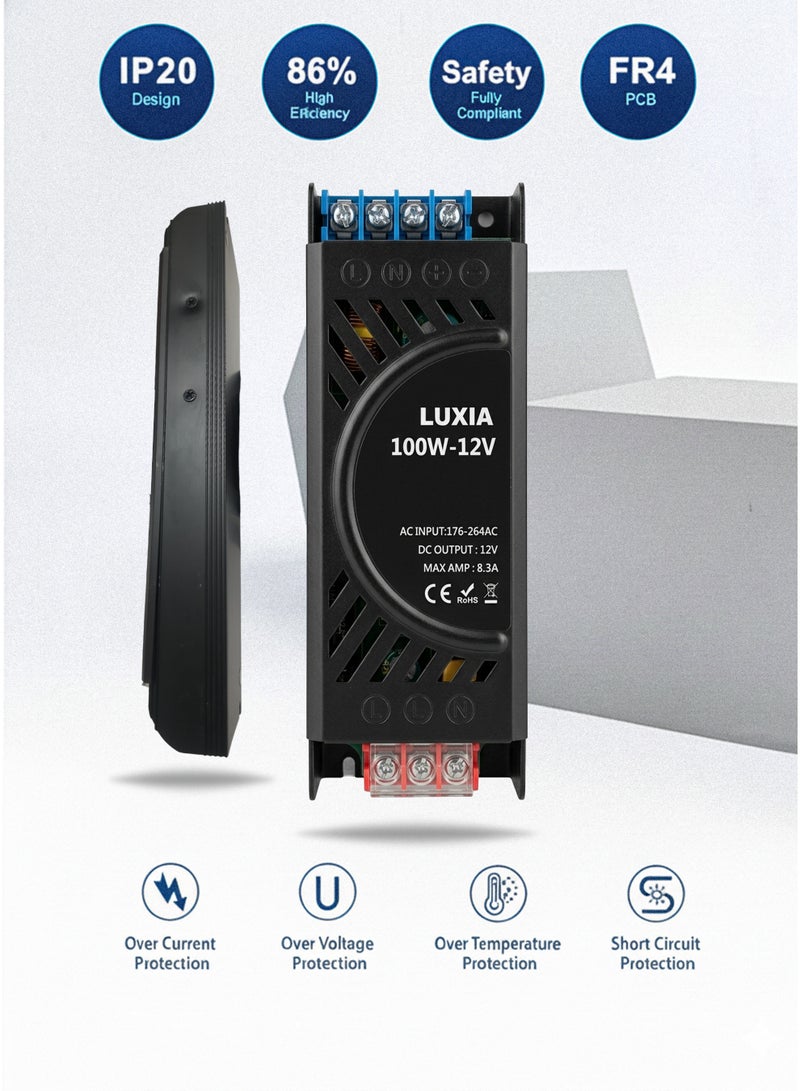 محول جهد منخفض 12 فولت بقدرة 100 واط - مزود طاقة LED نحيف بمعيار IP67 لشرائط الإضاءة ولوحات العرض ومصابيح LED، تشغيل هادئ، إضاءة ثابتة خالية من الوميض - Image 5