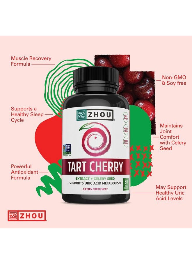 Zhou Nutrition Zhou Tart Cherry Extract + Celery Seed - Tart Cherry Capsules for Men & Women, Tart Cherry Concentrate Pills for Sleep & Uric Acid Cleanse, 1000mg Per Pill - 60 Veggie Capsules (Pack of 1)  - Image 4