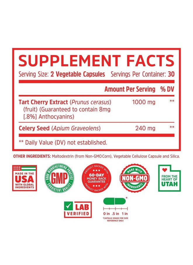 Zhou Nutrition Zhou Tart Cherry Extract + Celery Seed - Tart Cherry Capsules for Men & Women, Tart Cherry Concentrate Pills for Sleep & Uric Acid Cleanse, 1000mg Per Pill - 60 Veggie Capsules (Pack of 1)  - Image 2