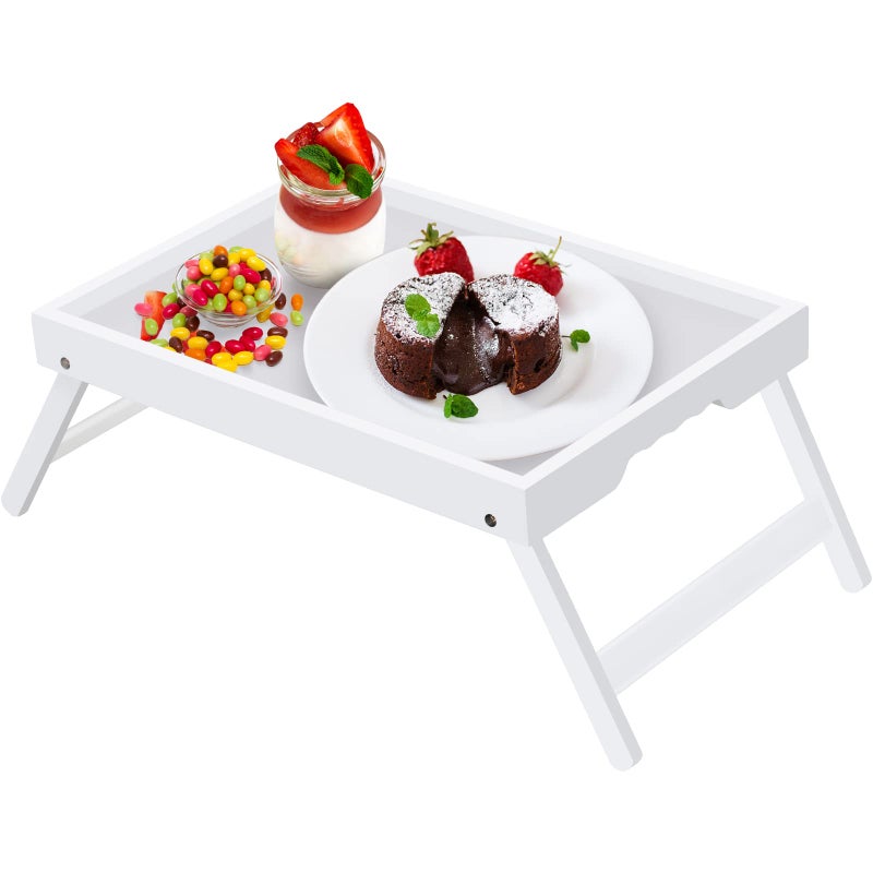 Artmeer Bed Tray Table with Folding LegsBamboo Breakfast in Bed for TV Table Laptop Computer TrayEatingSnack Tray White