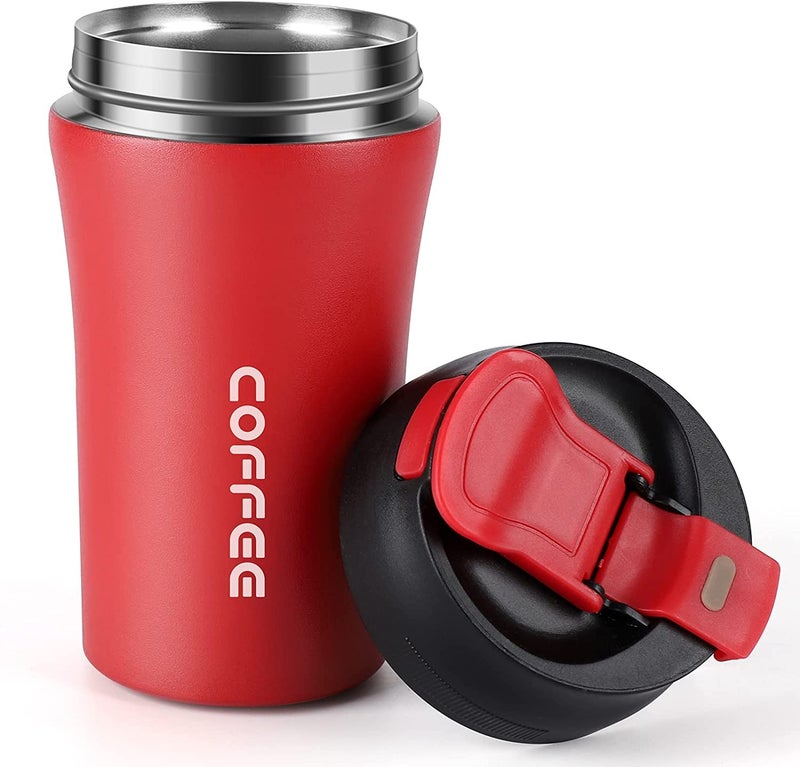 Wosta Travel Mugs for Hot Drinks, 400ml Coffee Cup Travel with Leakproof Lid and Straws, Stainless Steel Insulated Coffee Mug for Camping, Travelling, Home & Office (Red) - Image 1