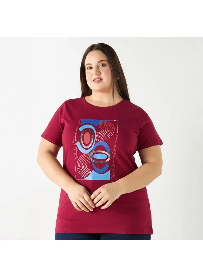 Ulla Popken Plus Size Ulla Popken Typographic Print T-shirt with Short Sleeves
