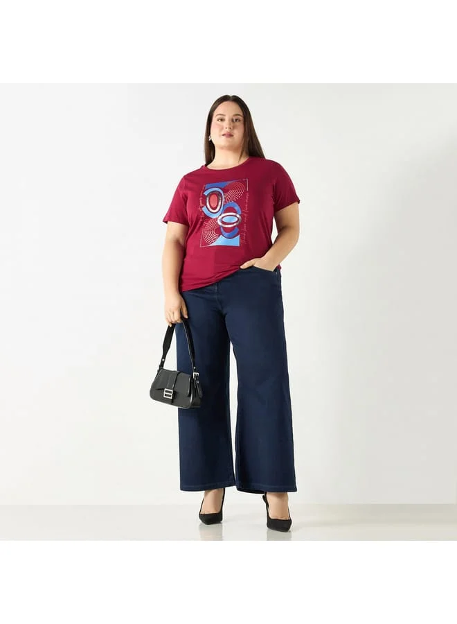 Ulla Popken Plus Size Ulla Popken Typographic Print T-shirt with Short Sleeves