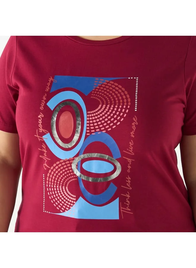 Ulla Popken Plus Size Ulla Popken Typographic Print T-shirt with Short Sleeves