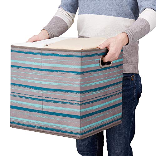 HSDT 13 inch Collapsible Storage Cubes Bins Teal Stripes Fabric Storage Boxes Foldable Cube Inserts Storage Grey Printed Folding Cloth Storage Baskets Drawer Organizer ,QY-SC05-6 - Image 2