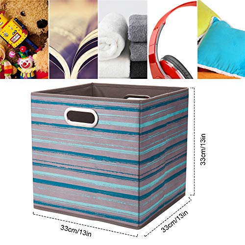 HSDT 13 inch Collapsible Storage Cubes Bins Teal Stripes Fabric Storage Boxes Foldable Cube Inserts Storage Grey Printed Folding Cloth Storage Baskets Drawer Organizer ,QY-SC05-6 - Image 3