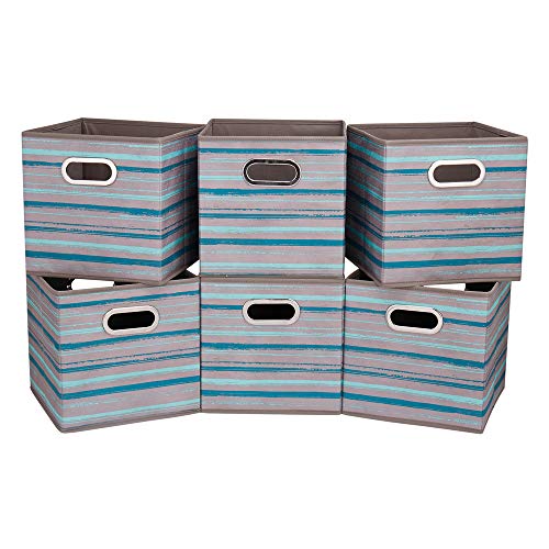 HSDT 13 inch Collapsible Storage Cubes Bins Teal Stripes Fabric Storage Boxes Foldable Cube Inserts Storage Grey Printed Folding Cloth Storage Baskets Drawer Organizer ,QY-SC05-6 - Image 1