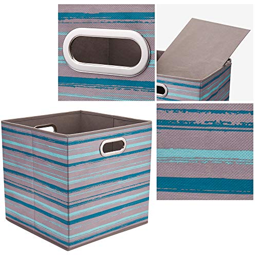HSDT 13 inch Collapsible Storage Cubes Bins Teal Stripes Fabric Storage Boxes Foldable Cube Inserts Storage Grey Printed Folding Cloth Storage Baskets Drawer Organizer ,QY-SC05-6 - Image 4