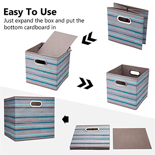 HSDT 13 inch Collapsible Storage Cubes Bins Teal Stripes Fabric Storage Boxes Foldable Cube Inserts Storage Grey Printed Folding Cloth Storage Baskets Drawer Organizer ,QY-SC05-6 - Image 5