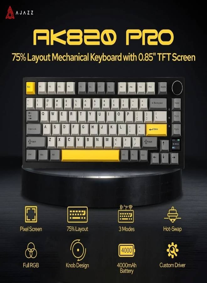 Ajazz Ajazz AK820 Pro Gaming Mechanical Keyboard Bluetooth/ Wireless/Wired Customized Keyboard with TFT Color Screen Knob 136 Keycaps (Switch Name:Gift Switch)  - Image 2