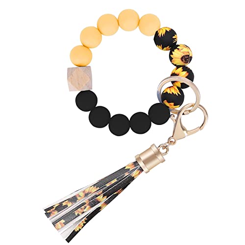 Weixiltc Keychain Wristlet for Women, Silicone Bead Bracelet with Leather Tassel, Cute Car Key Ring for Girls, Charm Key Chain Holder for Women (Sunflower) - Image 1