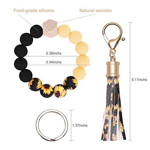 Weixiltc Keychain Wristlet for Women, Silicone Bead Bracelet with Leather Tassel, Cute Car Key Ring for Girls, Charm Key Chain Holder for Women (Sunflower) - Image 2