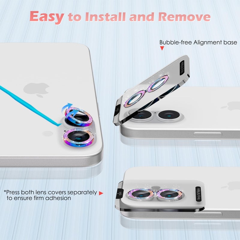 imluckies for iPhone 16 / iPhone 16 Plus Camera Lens Protector, AR+AF Tempered Glass 9H Anti-Scratch Metal Individual Lens Protector, HD Clear Camera Accessories, Glitter Colorful - Image 5