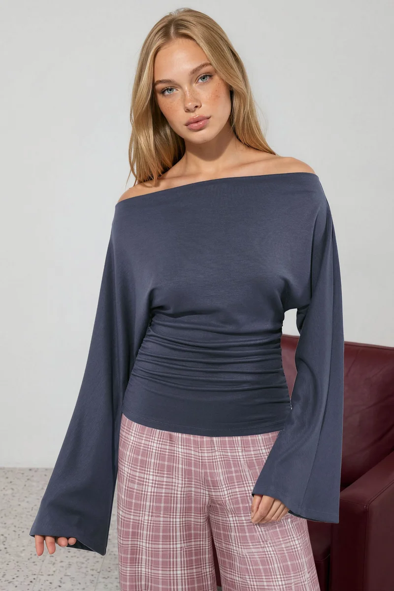 هيكاب Boat Neck Batwing Sleeve Viscose Rib Knit Blouse