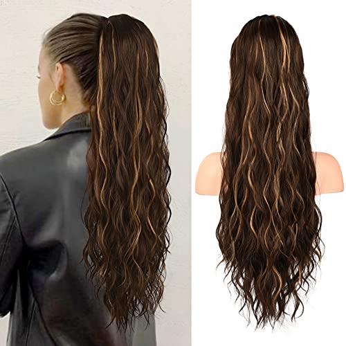 FLUFYMOOZ Ponytail Extension, 26 Inch Drawstring Ponytail Hair Extensions for Womenï¼Œ Long Curly Wavy Ponytail Natural Wavy Synthetic Hairpiece for Women(26 Inch Brown with Blonde Highlights) - Image 1