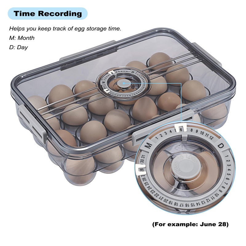 BSTKEY Egg Holder for Refrigerator, Egg Container with Time Scale, Egg Holder with Lid for Kitchen Storage, Stackable Tray for 24 Eggs - Image 3