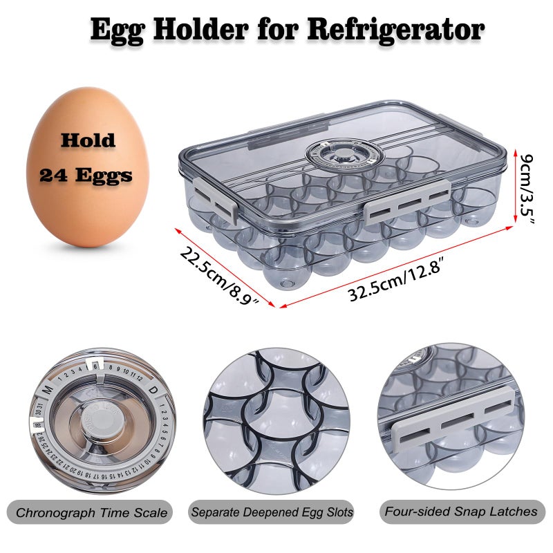 BSTKEY Egg Holder for Refrigerator, Egg Container with Time Scale, Egg Holder with Lid for Kitchen Storage, Stackable Tray for 24 Eggs - Image 2