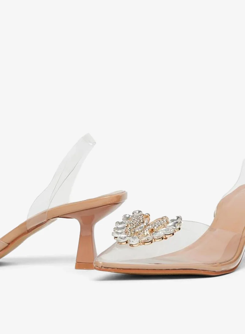 Styli Nude Embellished Slingback Kitten Heel Shoes