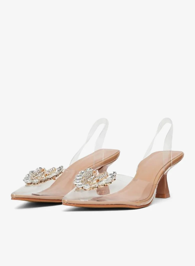 Styli Nude Embellished Slingback Kitten Heel Shoes