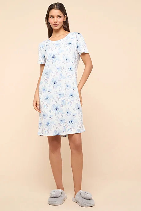 أر أند بي Printed Nightdress With Round Neck and Short Sleeves
