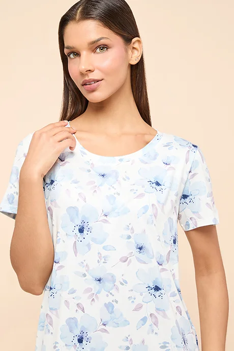 أر أند بي Printed Nightdress With Round Neck and Short Sleeves