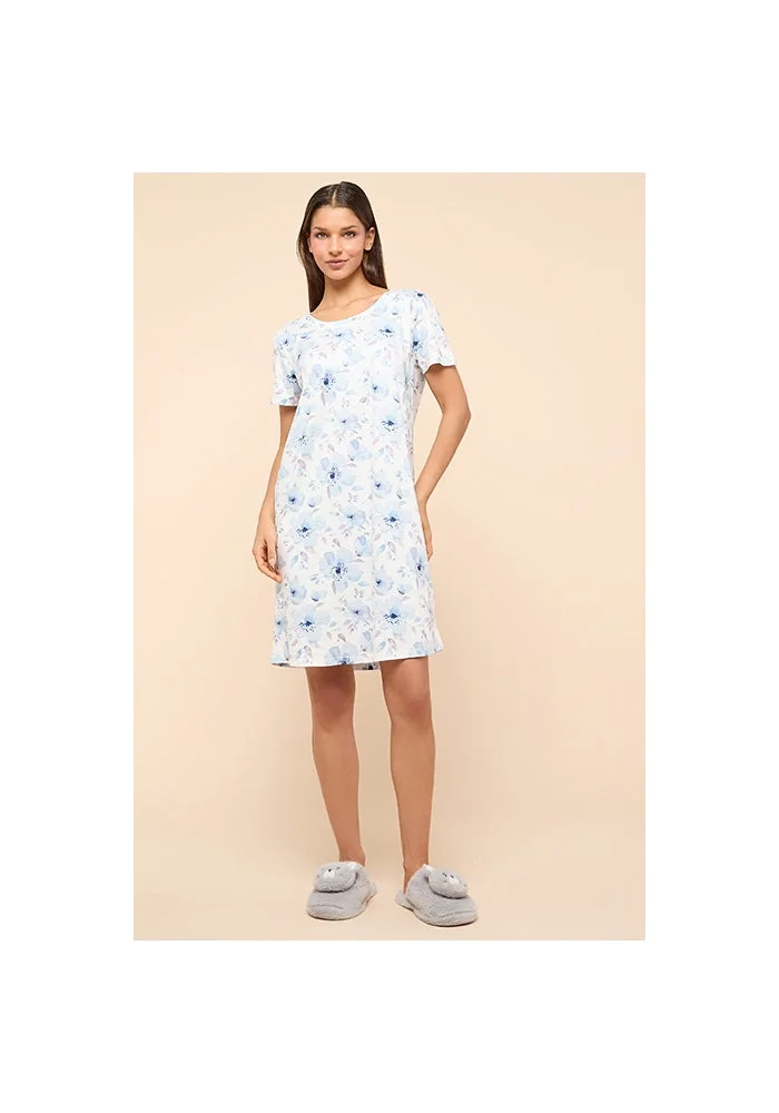 أر أند بي Printed Nightdress With Round Neck and Short Sleeves