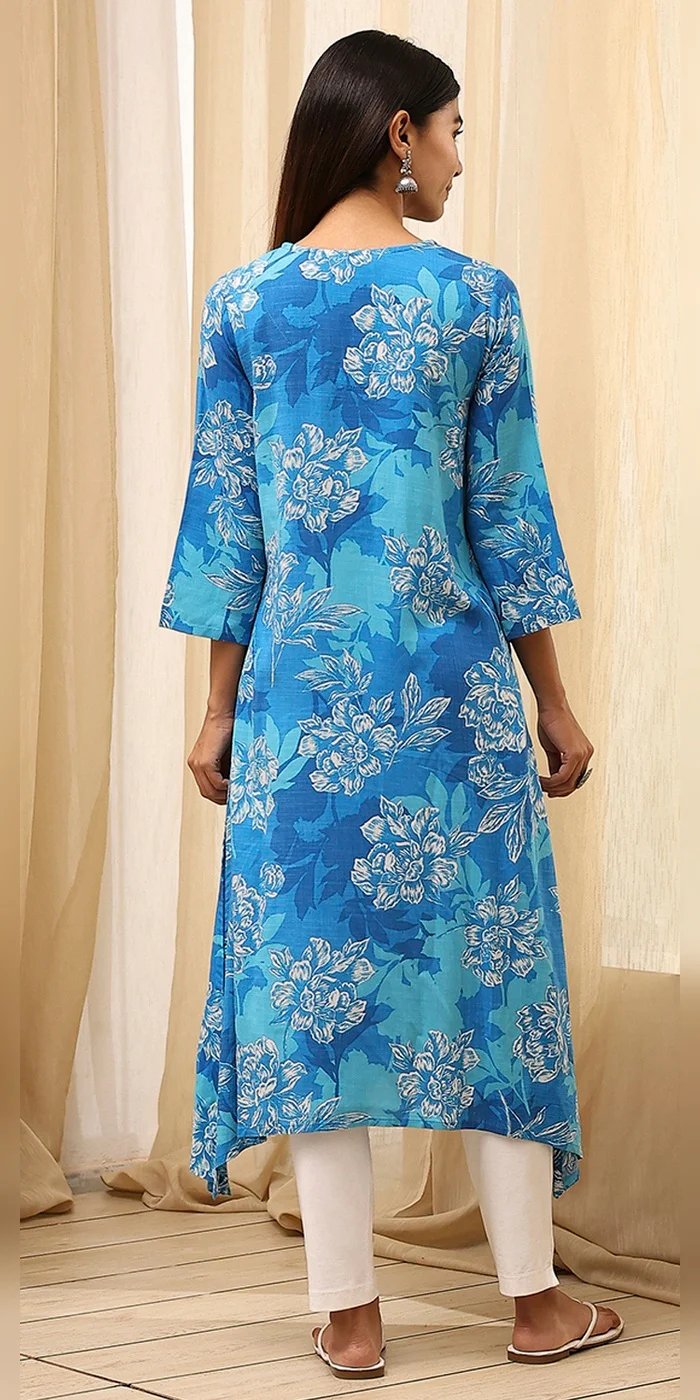 Biba  Women Blue Floral Printed Asymmetric Kurta  | Best Price UAE