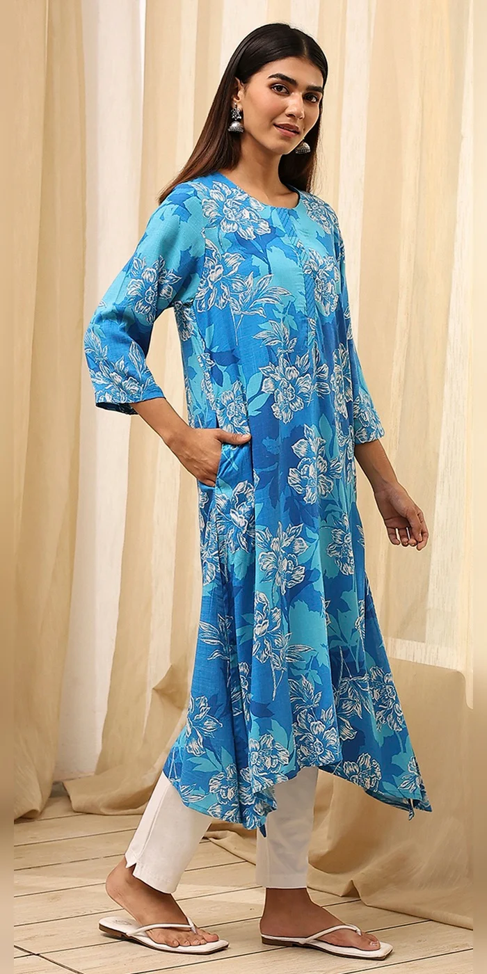 Biba  Women Blue Floral Printed Asymmetric Kurta  | Best Price UAE